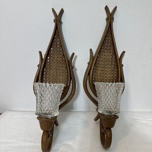Homco Rattan Wicker Teardrop Wall Candle Holders Candle Sconce 4226 Boho Pair